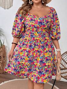 SHEIN VCAY Plus Size Lantern Sleeve Dress With A V-Neckline, Perfect For Vacation