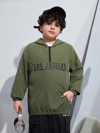 SHEIN Tween Boys Extended Size Casual jack met capuchon, ritssluiting en letterprint, herfst/winter