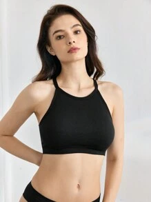 Solid Color Cropped Ribbed Knit Halter Basic Top - Black - View 7