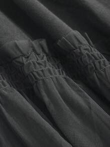 FRIFUL 夏季撞色网眼落肩T恤，荷叶边 - 深灰色 - 查看 6