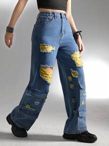 Teen Girls Ripped Flap Pocket Cargo Jeans - Dark Wash - View 5