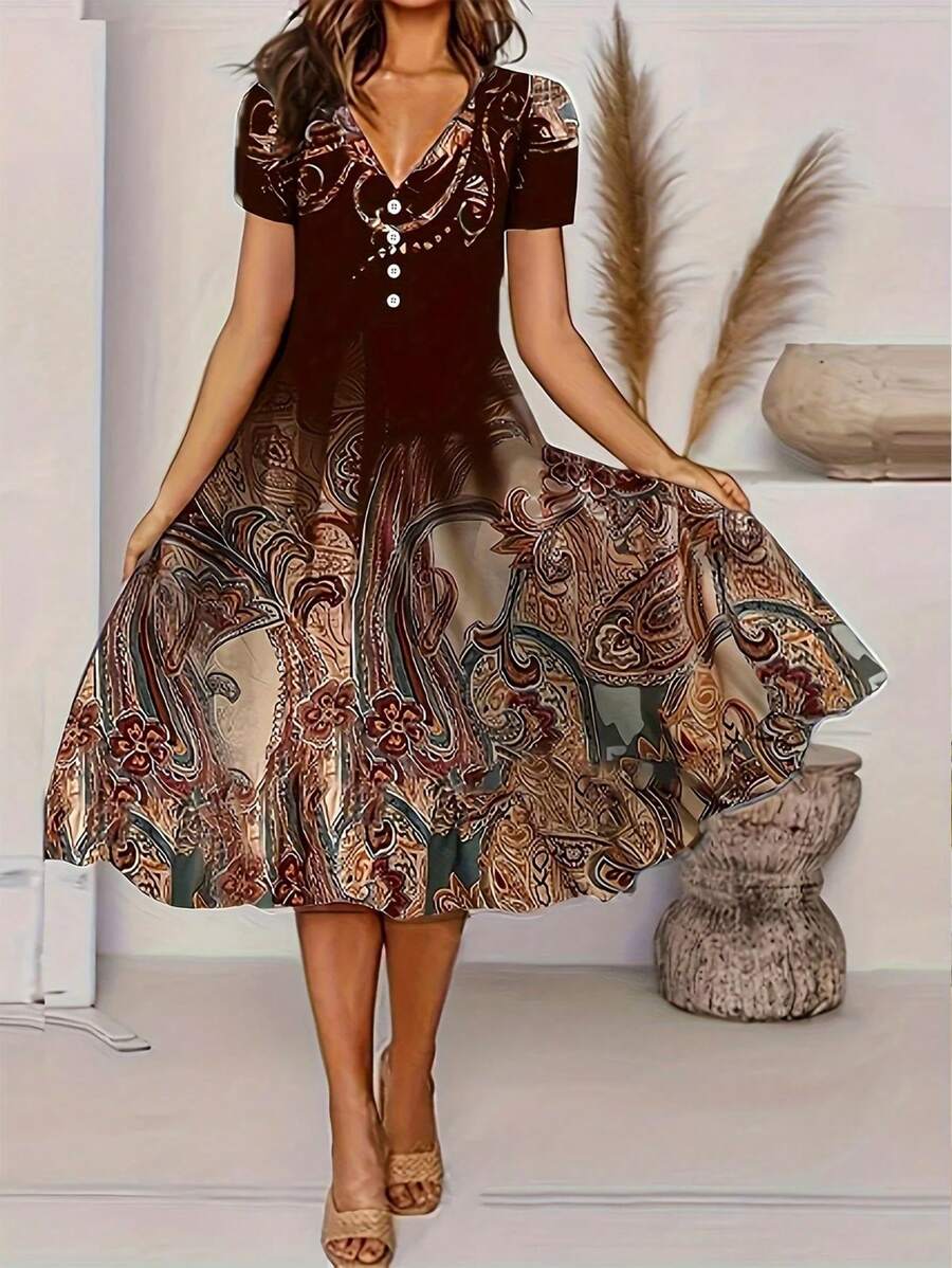 Vestido de talla grande con botones delanteros con estampado de cachemira - Multicolor - Ver 1