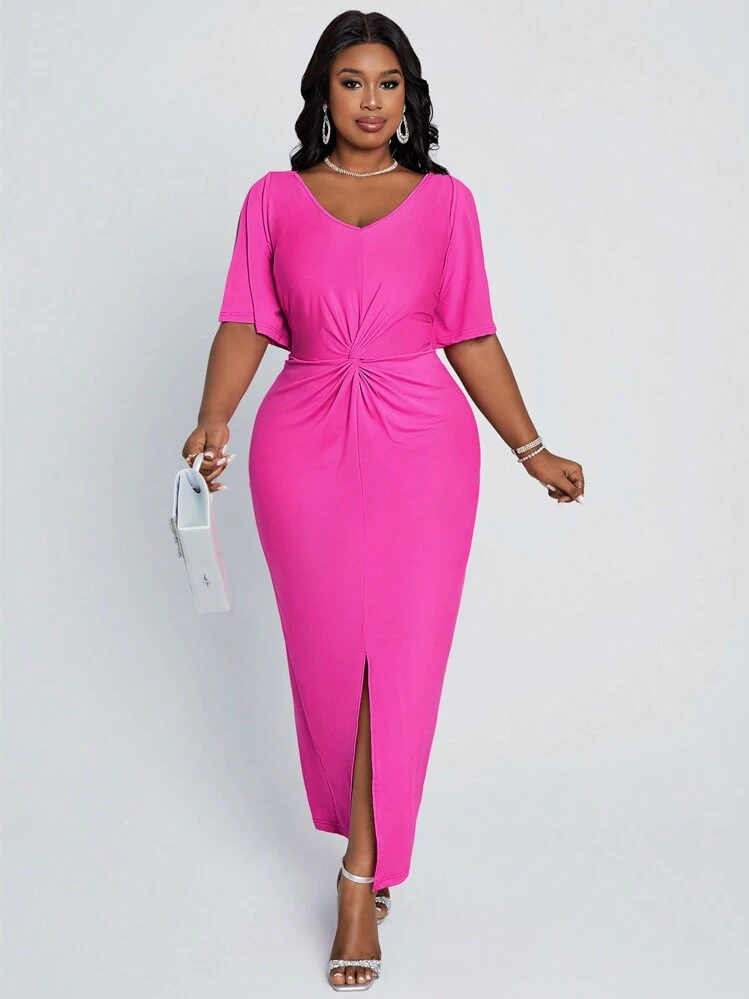 SHEIN Lady Christmas Party Dress Plus Size Women's Rose Red Twist Slit Summer Slim Long Elegant Dress