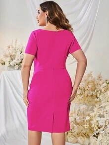 MUXXN Elegant Asymmetrical Shoulder Short Sleeve Plus Size Dress With Waist Pleats And Ruched Hem With Back Slit - Hot Pink - View 2