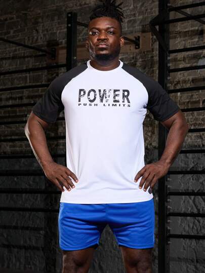 Manfinity Sport Corelite Men Plus Letter Graphic Colorblock Raglan Sleeve Sports Tee