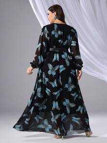 Plus Size Spring/Summer Elegant Butterfly Print Lantern Sleeve Long Arabian Dress - Black - View 2