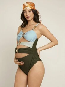 SHEIN Maternity Color Block Cut Out Summer Beach One Piece Swimsuit