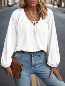 EMERY ROSE Plus Tie Neck Lantern Sleeve Blouse Fall Cloth For Women - White - View 3