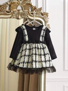 SHEIN Baby Girl Plaid Print Ruffle Trim Bow Front 2 In 1 Dress - Black and White - View 1