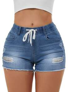 Drawstring Waist Ripped Raw Cut Denim Shorts For Summer