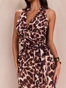 SHEIN BAE Summer Beach Vacation Date Party Sexy Printed Animal Leopard Pattern Halter Neck Bow Tie Backless Women's Tank Top & Maxi Skirt Set For Women