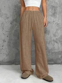 SHEIN EZwear Coffee Brown Woven Ladies Straight-Leg Pants - Coffee Brown - View 1
