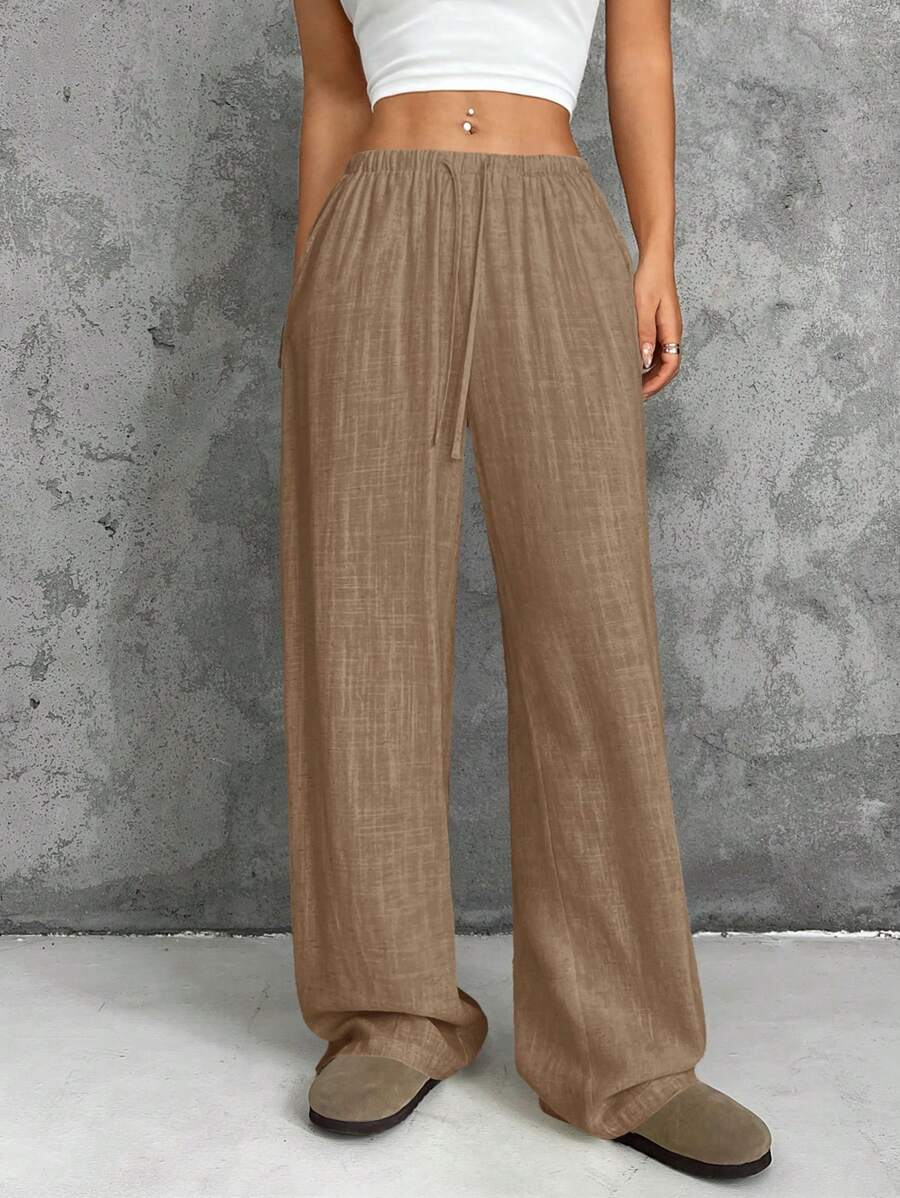 SHEIN EZwear Coffee Brown Woven Ladies Straight-Leg Pants - Coffee Brown - View 1
