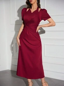 Modelyn Burgundy Red Solid Tie Back Puff Sleeve Dress - Burgundy - View 3