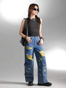 Teen Girls Ripped Flap Pocket Cargo Jeans - Dark Wash - View 6