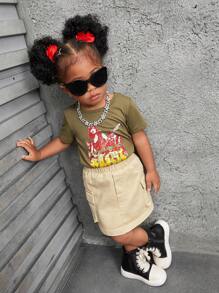 SHEIN 2pcs Baby Girls' Casual Street Style Fun Portraiture Printed Short Sleeve Top And Skirt Set, Spring & Summer