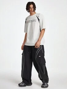 Manfinity RebelGame Men Contrast Piping Flap Pocket Side Drawstring Waist Cargo Pants - Black - View 3