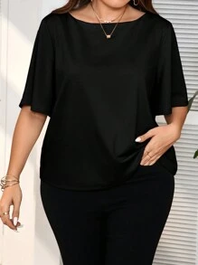 SHEIN Frenchy Plus Solid Boat Neck Tee For Summer - Black - View 3