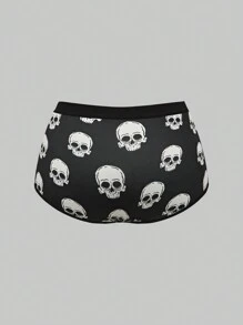 ROMWE 5pcs/Set Gothic Style Skeleton, Snake, Cross Pattern Knitted Lace Trim Panties - Black - View 4