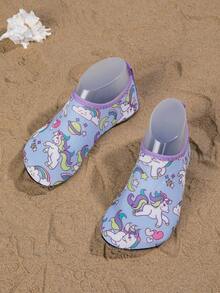 1 Pair Girls' Comfortable & Fashionable Casual Beach Breathable Quick-Dry Blue & Purple Rainbow Pony Cute Water Shoes