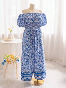 Soleia Resort Style Women's  Printed Off Shoulder Ruffle Hem Top And Wide Leg Long Pants Plus Size 2pcs/Set, Blue-White - Blue and White - View 8