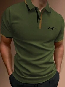 Manfinity Homme قميص بولو بلوك اللون الأخضر العسكري العارض للرجال مزين بشعار النورس - أخضر عسكري - مشاهدة 1