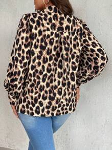 Celure Plus Leopard Print Lantern Sleeve Shirt