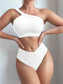 SHEIN Swim Women's Solid Color White One Shoulder Bikini Suit Set For Summer Beach - White - View 1