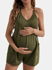 SHEIN BASICS Casual Solid Knit V-Neck Front Pocket Cami Jumpsuit, For Maternity, Pregnancy Clothes
