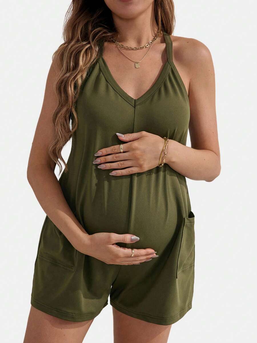 SHEIN BASICS Casual Solid Knit V-Neck Front Pocket Cami Jumpsuit, For Maternity, Pregnancy Clothes