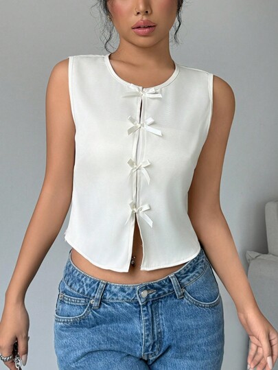 Chiquease Top corto sin mangas con lazo para mujer