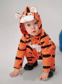 SHEIN 2入組寶寶男孩休閒3D老虎紋帽衣和長褲套裝 - 橘色 - 查看 4