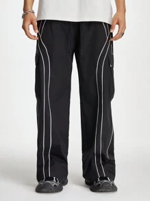 Manfinity RebelGame Men Contrast Piping Flap Pocket Side Drawstring Waist Cargo Pants - Black - View 7