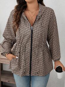 SHEIN LUNE 大码全身印花抽绳腰带连帽夹克，适合秋冬季，带口袋，冬季服装 - 卡其色 - 查看 4