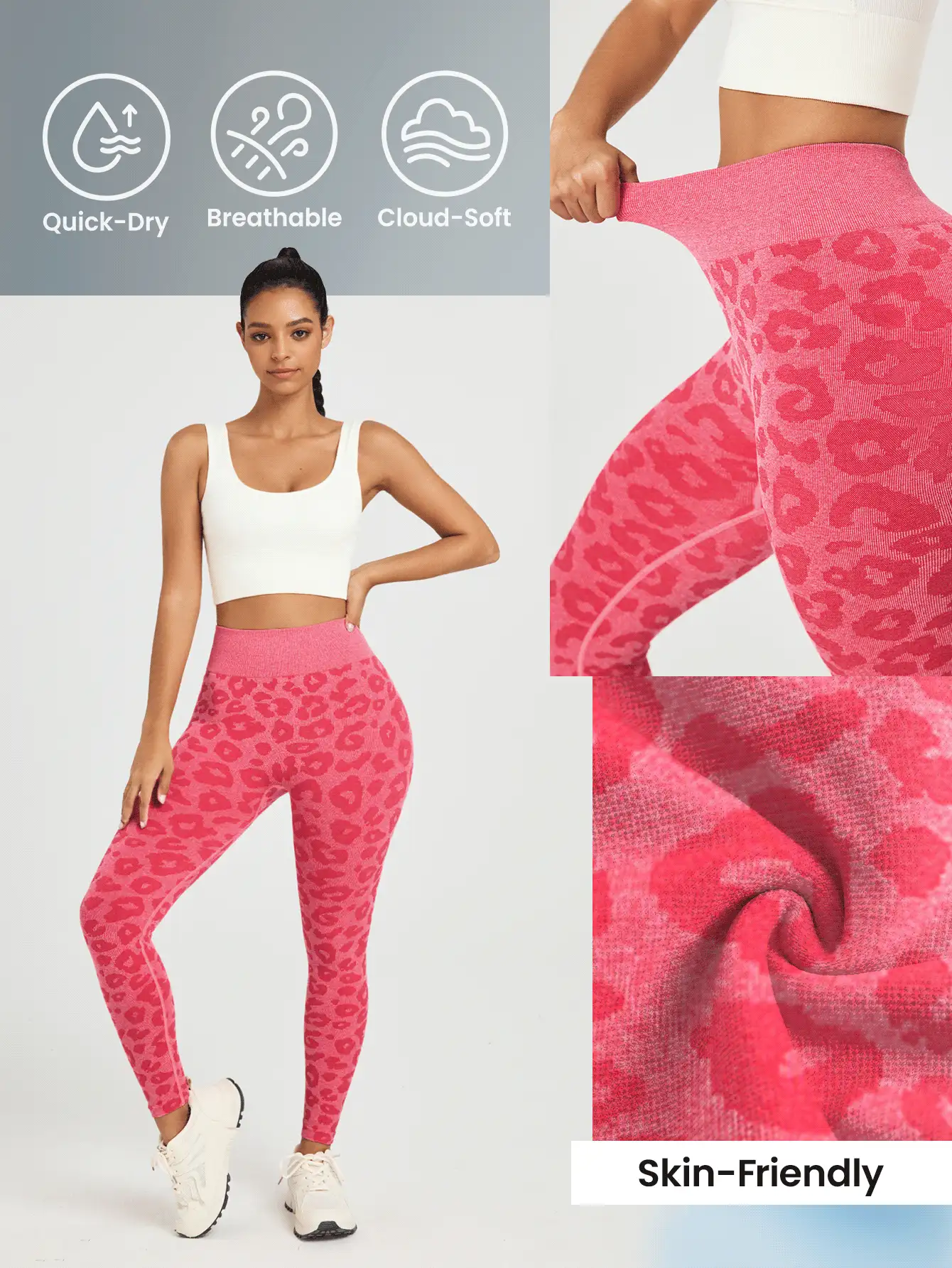 Easithlete 女士無縫高腰豹紋打底緊身褲，適用於日常穿著和運動 - 玫紅色 - 查看 3