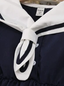 Vestido Estilo Colegial de Manga Curta com Colarinho de Marinheiro para Meninas - Azul Royal - Visão 3