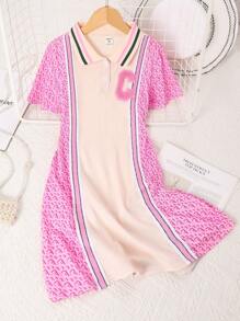 Vestido Casual de Manga Curta com Colarinho Polo para Meninas Jovens