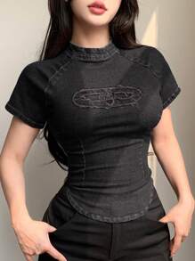 DAZY Solid Mock Neck Raglan Sleeve Denim Top Summer - Black - View 1