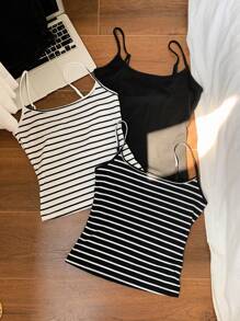 Comfortcana Bộ 3 áo ba lỗ kẻ sọc thường ngày cho nữ, đa năng, gợi cảm, áo không tay bó sát, thích hợp cho mùa hè, ngày lễ, phong cách trường học, lễ hội âm nhạc - Nhiều màu - Xem 7