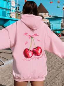 SHEIN EZwear 蝴蝶結＆櫻桃印花粉色寬鬆長袖女士連帽衫配束帶 - 淺粉色 - 查看 1
