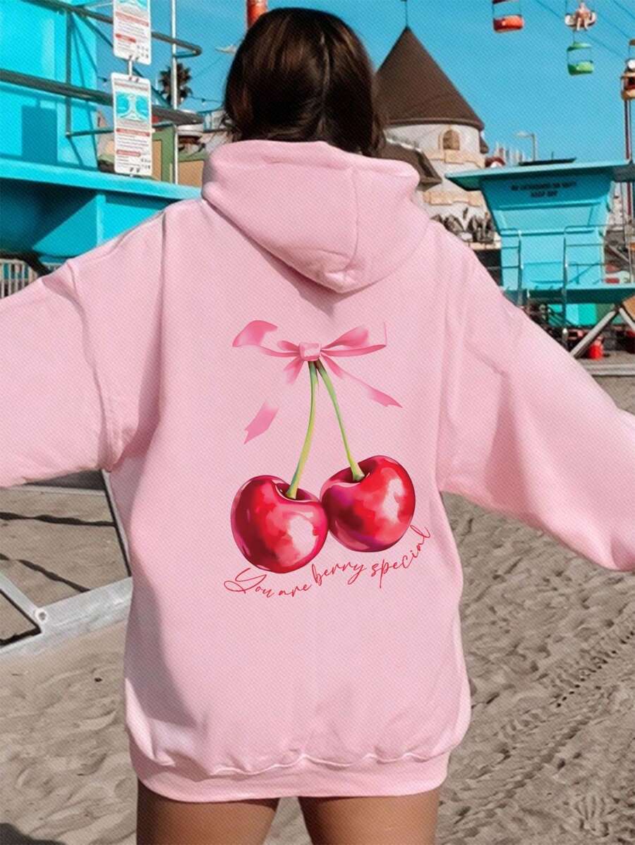 SHEIN EZwear 蝴蝶結&櫻桃印花粉色寬鬆長袖女士連帽衫配束帶 - 淺粉色 - 查看 1