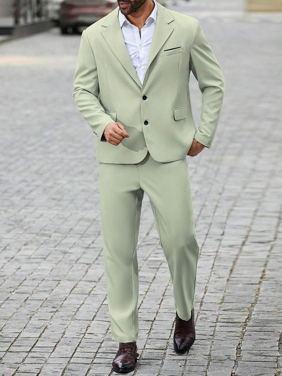 Manfinity Mode Conjunto de traje casual para hombre de talla grande con chaqueta de traje de manga larga con cierre de un solo botón y pantalones de traje con bolsillos en unicolor - Verde - Ver 1
