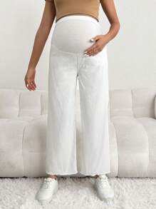 SHEIN Maternity Loose White Denim Pants, Casual Wear With White Waistband, Pregnancy Jeans - White - View 3