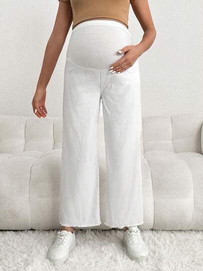 SHEIN Maternity Loose White Denim Pants, Casual Wear With White Waistband, Pregnancy Jeans