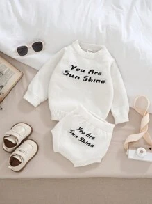 Unisex Baby Beige Fashionable Casual Cute & Comfortable Korean Simple All-Match Jacquard Letter Pattern Sweater 2pcs/Set, Long Sleeve Top And Shorts Combo Suitable For Daily Wear, Travel, And Outdoor Activities, Suitable For Autumn/Winter - Beige - View 1