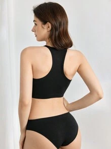Solid Color Cropped Ribbed Knit Halter Basic Top - Black - View 2