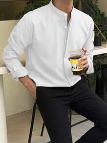 DAZY Koszula męska z kołnierzykiem stójkowym i guzikami, jesienna koszula męska z długim rękawem