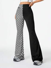 SHEIN EZwear Pantalones anchos de deporte para mujer con estilo callejero fresco, estampado de ajedrez y parches de color