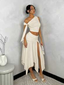 SHEIN BAE 女士纯色毕业季白色连衣裙，不对称斜肩上衣配系带 + 不对称下摆高侧开衩褶皱裙