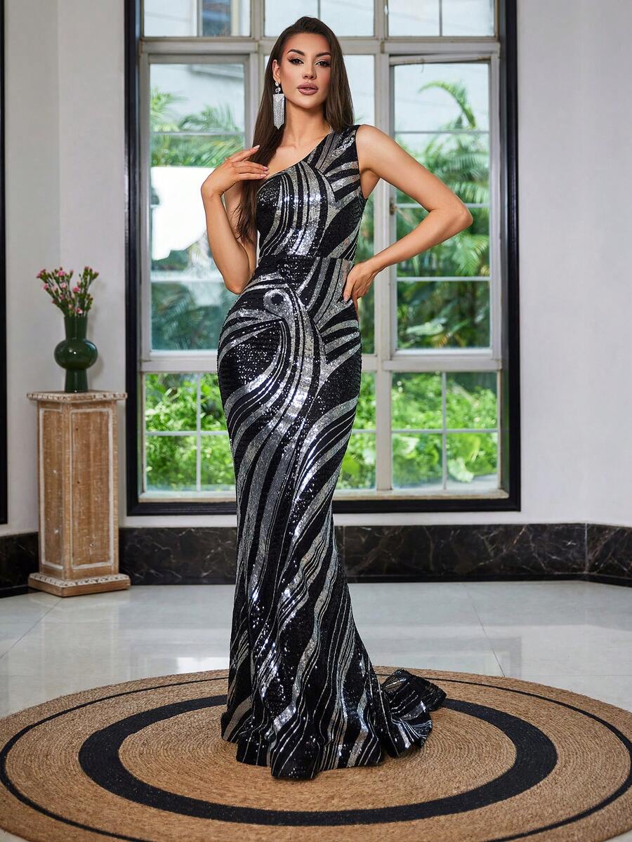 LOVE&LEMONADE Đầm dạ hội một vai màu đen sequin - màu đen - Xem 1